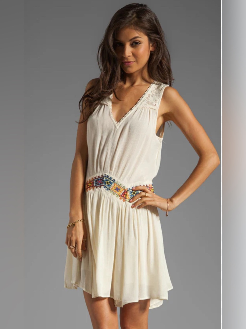 Free People Cream Sleeveless V-Neck Mini Dress with Colorful Embroidered Waist